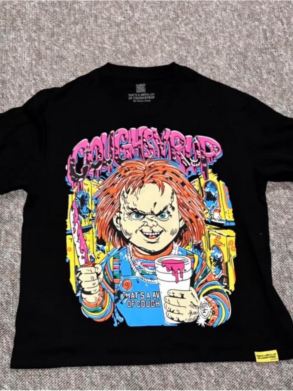 Black Graphic Short Sleeve Tee with Colorful Chucky Print